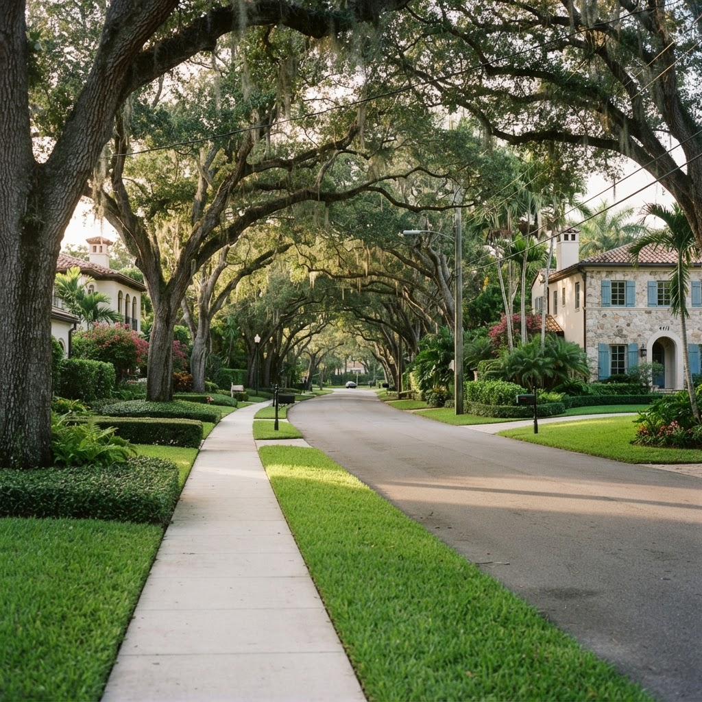 Quiet tree-lined residential street with mature oak canopy and green lawns