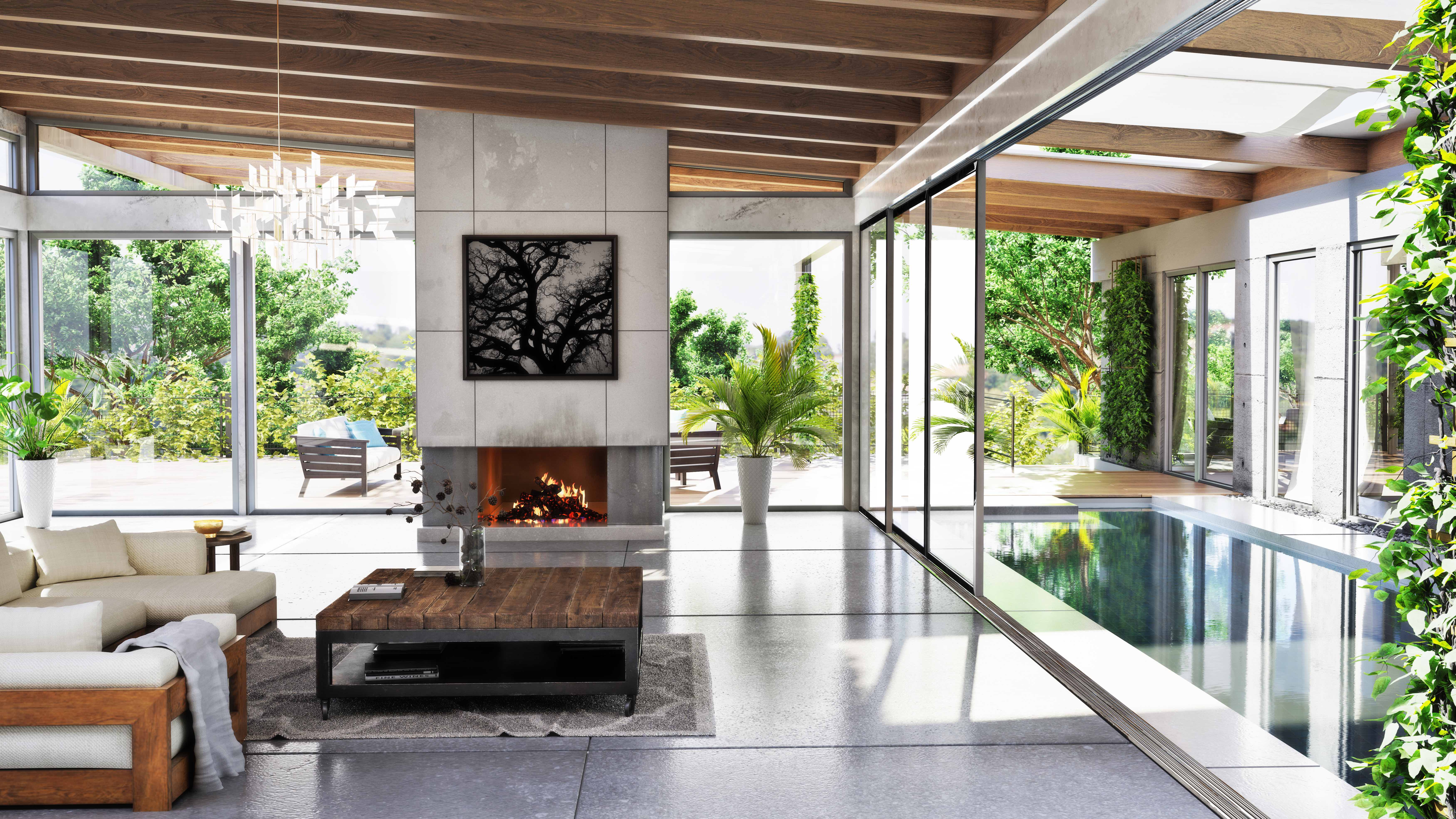 Bright South Florida living room with a private pool